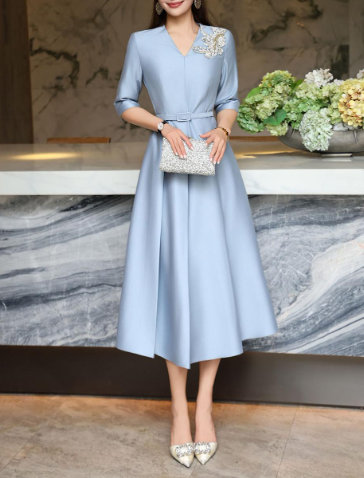 elegant A-line dress with embellished shoulder – MIDNIGHT