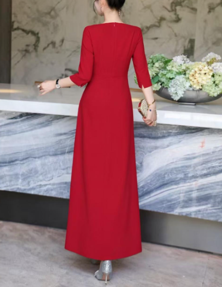 ruffle-draped evening dress with side embellishment – SCARLET