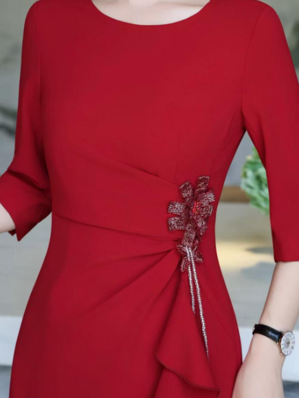 ruffle-draped evening dress with side embellishment – SCARLET