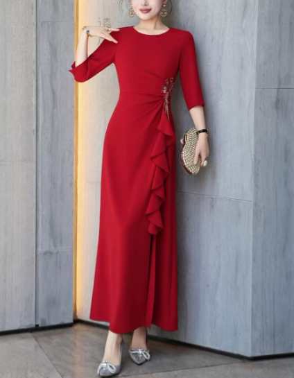 ruffle-draped evening dress with side embellishment – SCARLET