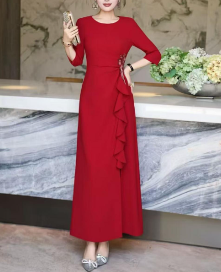 ruffle-draped evening dress with side embellishment – SCARLET