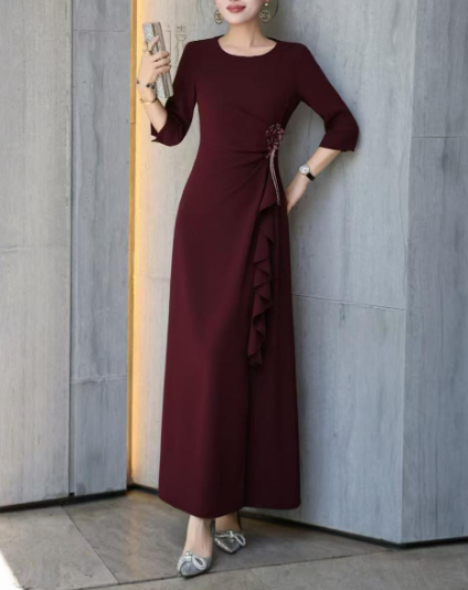 ruffle-draped evening dress with side embellishment – SCARLET