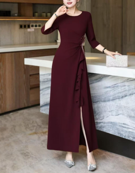 ruffle-draped evening dress with side embellishment – SCARLET