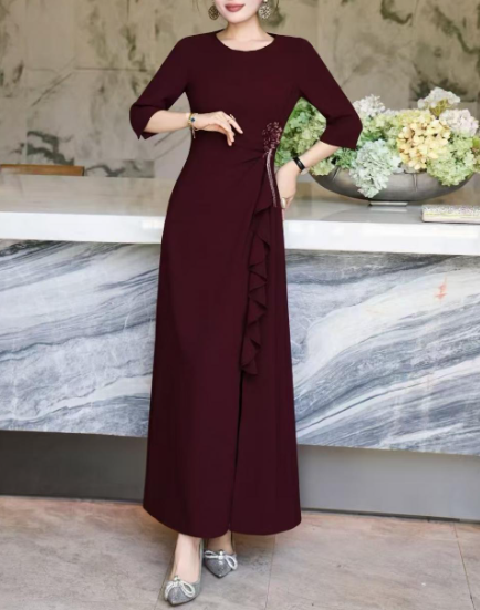 ruffle-draped evening dress with side embellishment – SCARLET