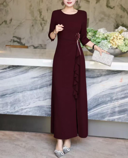 ruffle-draped evening dress with side embellishment – SCARLET