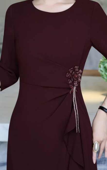 ruffle-draped evening dress with side embellishment – SCARLET