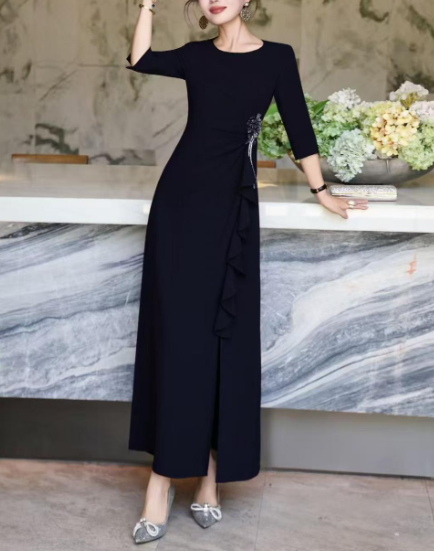 ruffle-draped evening dress with side embellishment – SCARLET