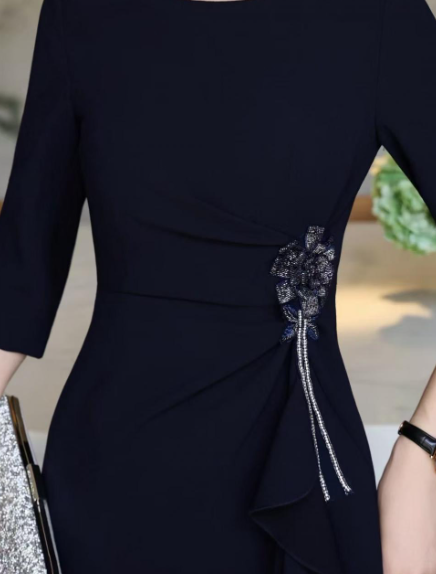 ruffle-draped evening dress with side embellishment – SCARLET