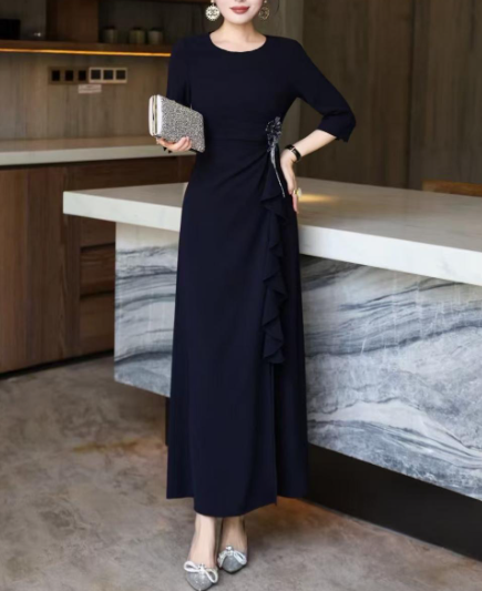 ruffle-draped evening dress with side embellishment – SCARLET