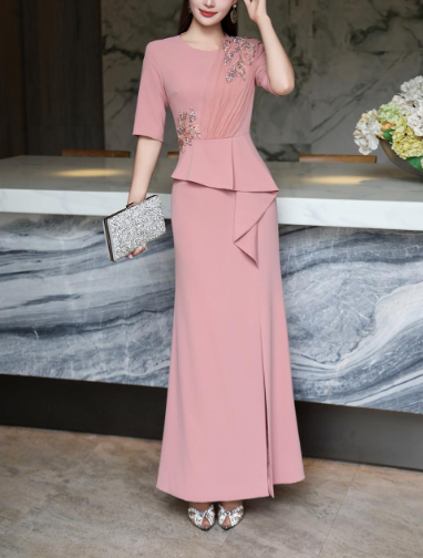 embroidered peplum gown with front slit – MERLOT