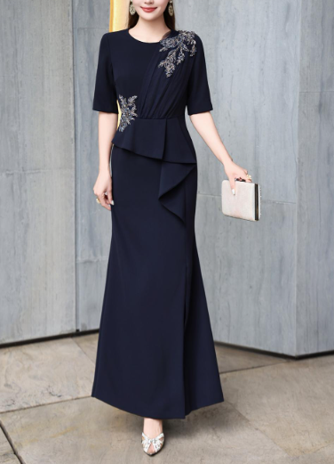 embroidered peplum gown with front slit – MERLOT