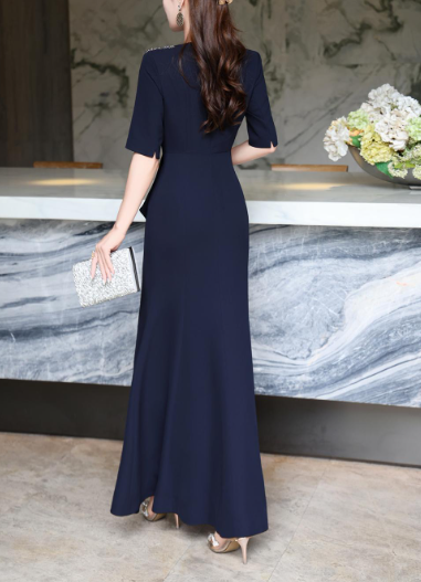 embroidered peplum gown with front slit – MERLOT