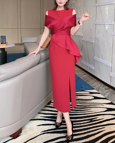 off-shoulder draped cocktail dress with sculpted peplum – CRIMSON