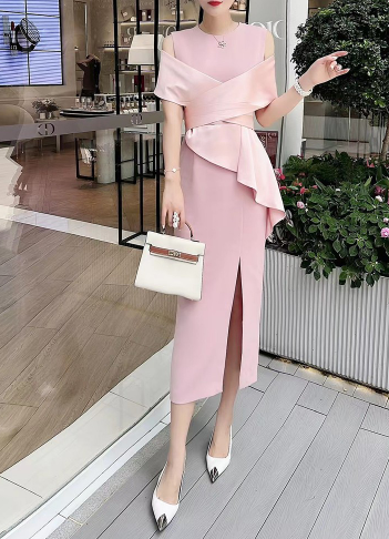 off-shoulder draped cocktail dress with sculpted peplum – CRIMSON