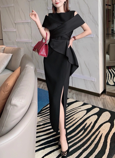 off-shoulder draped cocktail dress with sculpted peplum – CRIMSON