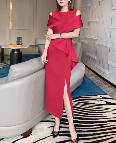 off-shoulder draped cocktail dress with sculpted peplum – CRIMSON