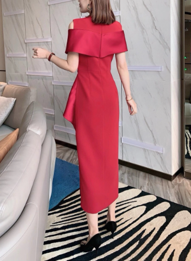 off-shoulder draped cocktail dress with sculpted peplum – CRIMSON