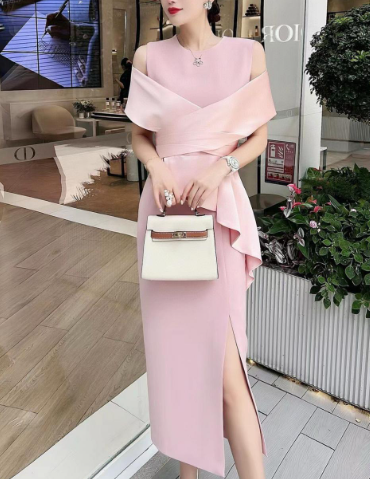 off-shoulder draped cocktail dress with sculpted peplum – CRIMSON