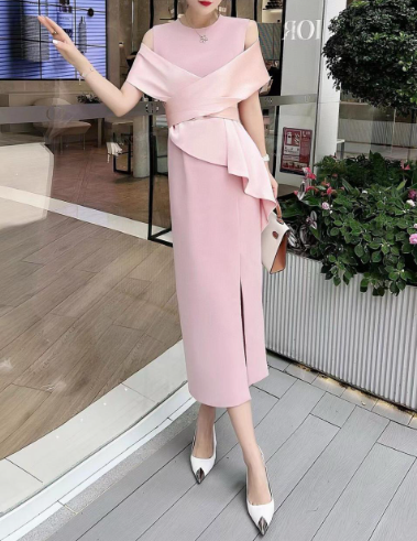 off-shoulder draped cocktail dress with sculpted peplum – CRIMSON