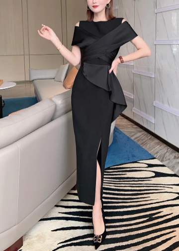 off-shoulder draped cocktail dress with sculpted peplum – CRIMSON