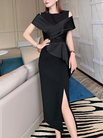 off-shoulder draped cocktail dress with sculpted peplum – CRIMSON