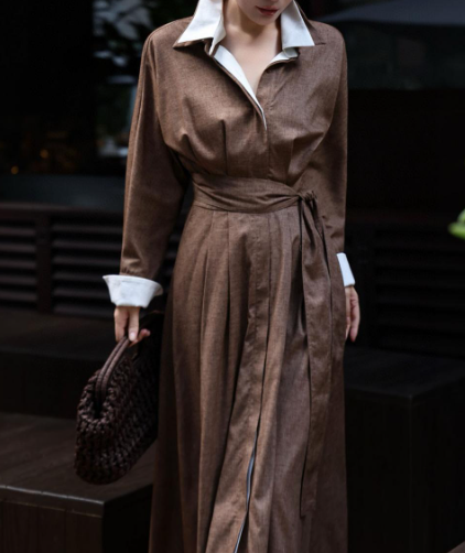long belted shirt dress with contrast collar – SERENITY