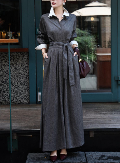 long belted shirt dress with contrast collar – SERENITY