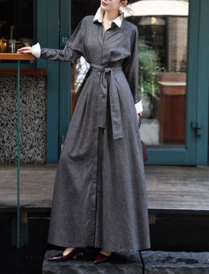 long belted shirt dress with contrast collar – SERENITY