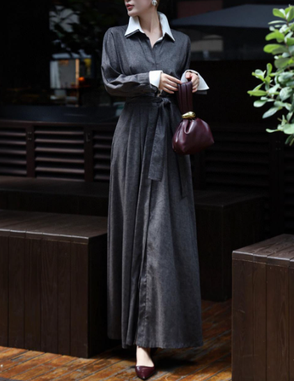 long belted shirt dress with contrast collar – SERENITY