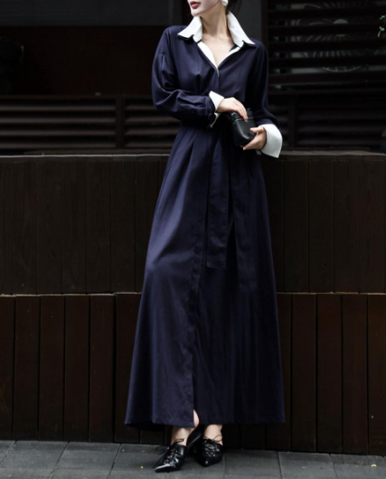 long belted shirt dress with contrast collar – SERENITY