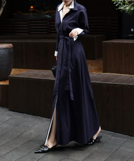 long belted shirt dress with contrast collar – SERENITY