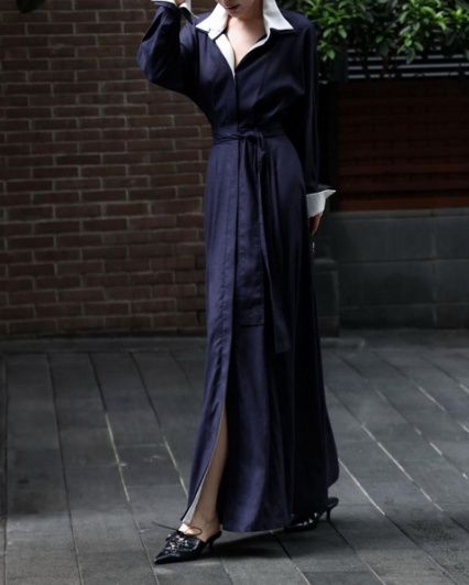 long belted shirt dress with contrast collar – SERENITY