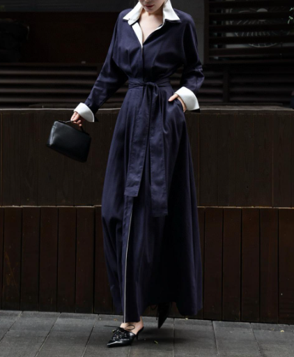 long belted shirt dress with contrast collar – SERENITY