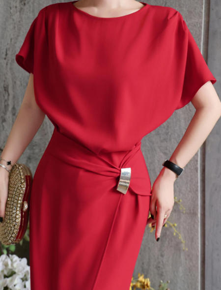 asymmetric draped midi dress with gold buckle – DRAPE