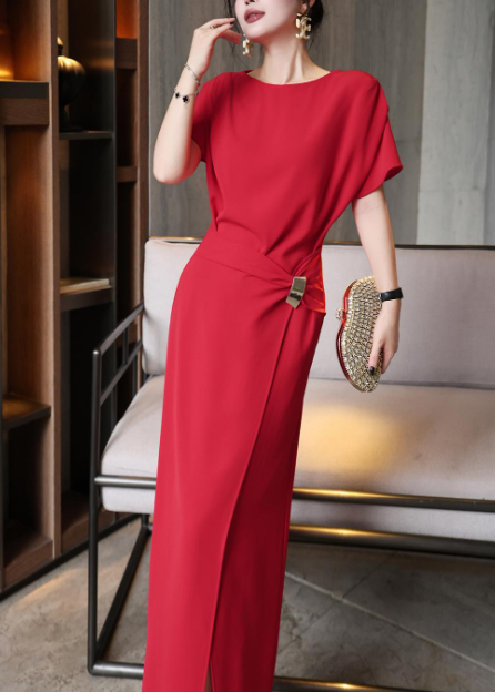 asymmetric draped midi dress with gold buckle – DRAPE