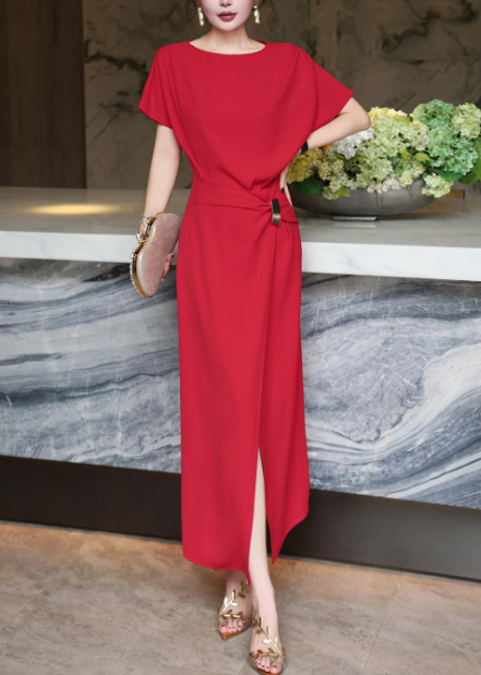 asymmetric draped midi dress with gold buckle – DRAPE