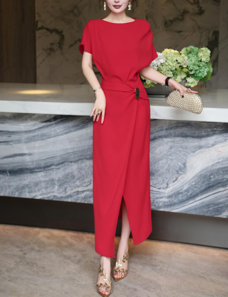 asymmetric draped midi dress with gold buckle – DRAPE