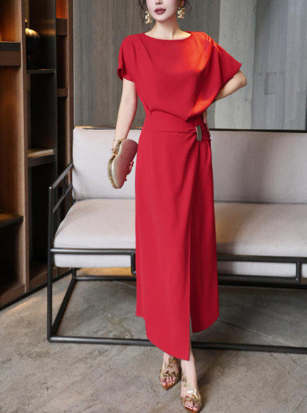 asymmetric draped midi dress with gold buckle – DRAPE