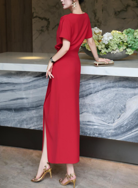 asymmetric draped midi dress with gold buckle – DRAPE