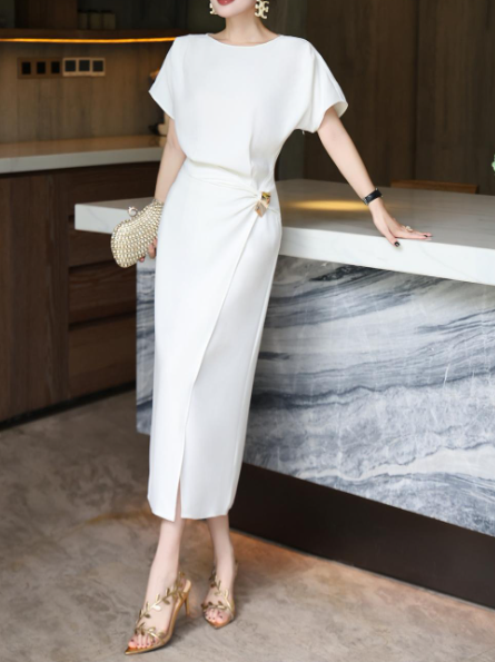 asymmetric draped midi dress with gold buckle – DRAPE