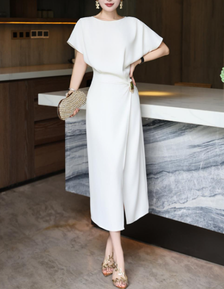 asymmetric draped midi dress with gold buckle – DRAPE