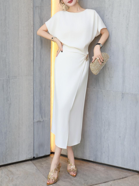 asymmetric draped midi dress with gold buckle – DRAPE