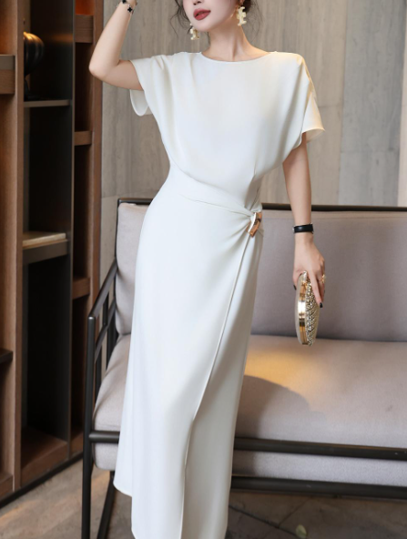 asymmetric draped midi dress with gold buckle – DRAPE