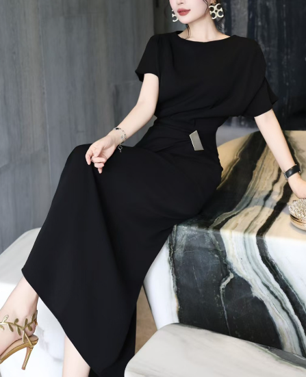 asymmetric draped midi dress with gold buckle – DRAPE