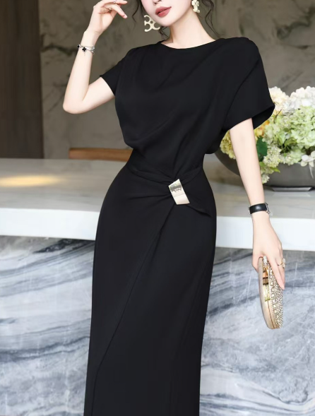 asymmetric draped midi dress with gold buckle – DRAPE