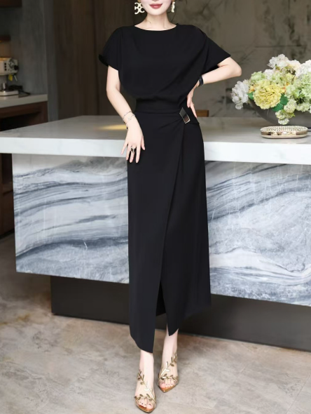 asymmetric draped midi dress with gold buckle – DRAPE