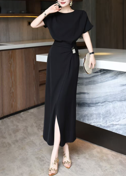 asymmetric draped midi dress with gold buckle – DRAPE