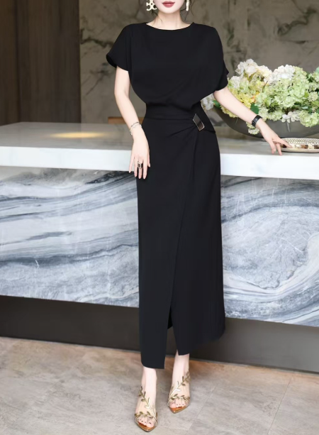 asymmetric draped midi dress with gold buckle – DRAPE