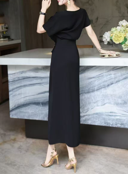 asymmetric draped midi dress with gold buckle – DRAPE