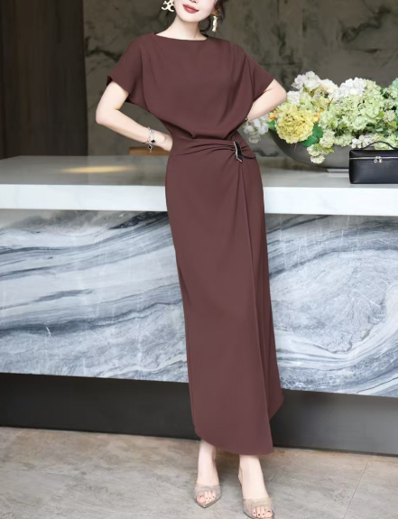 asymmetric draped midi dress with gold buckle – DRAPE